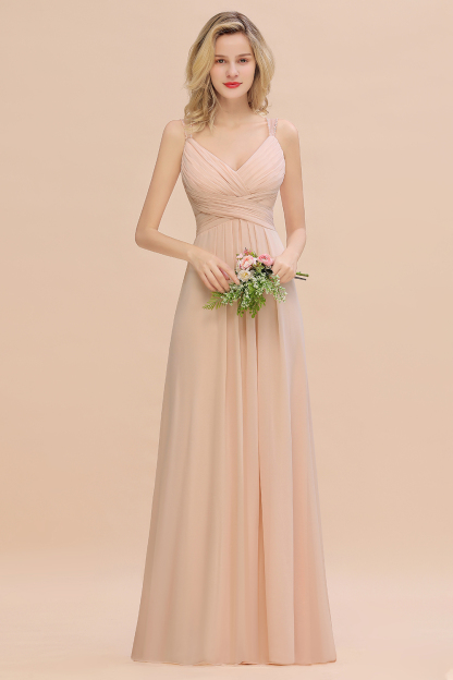 Spaghetti Straps Champagne V-Neck Chiffon Bridesmaid Dress Sleeveless Wedding Guest Dress