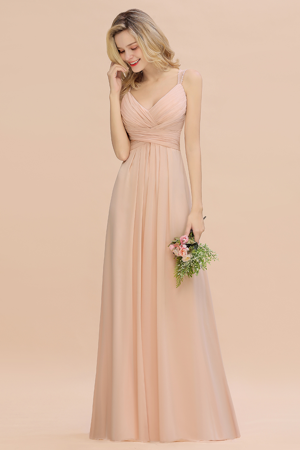Spaghetti Straps Champagne V-Neck Chiffon Bridesmaid Dress Sleeveless Wedding Guest Dress