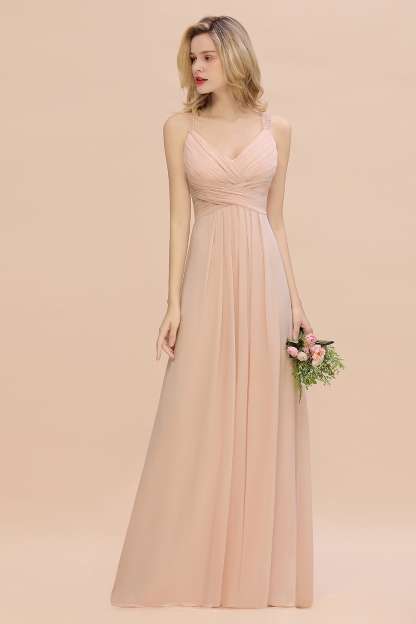 Spaghetti Straps Champagne V-Neck Chiffon Bridesmaid Dress Sleeveless Wedding Guest Dress