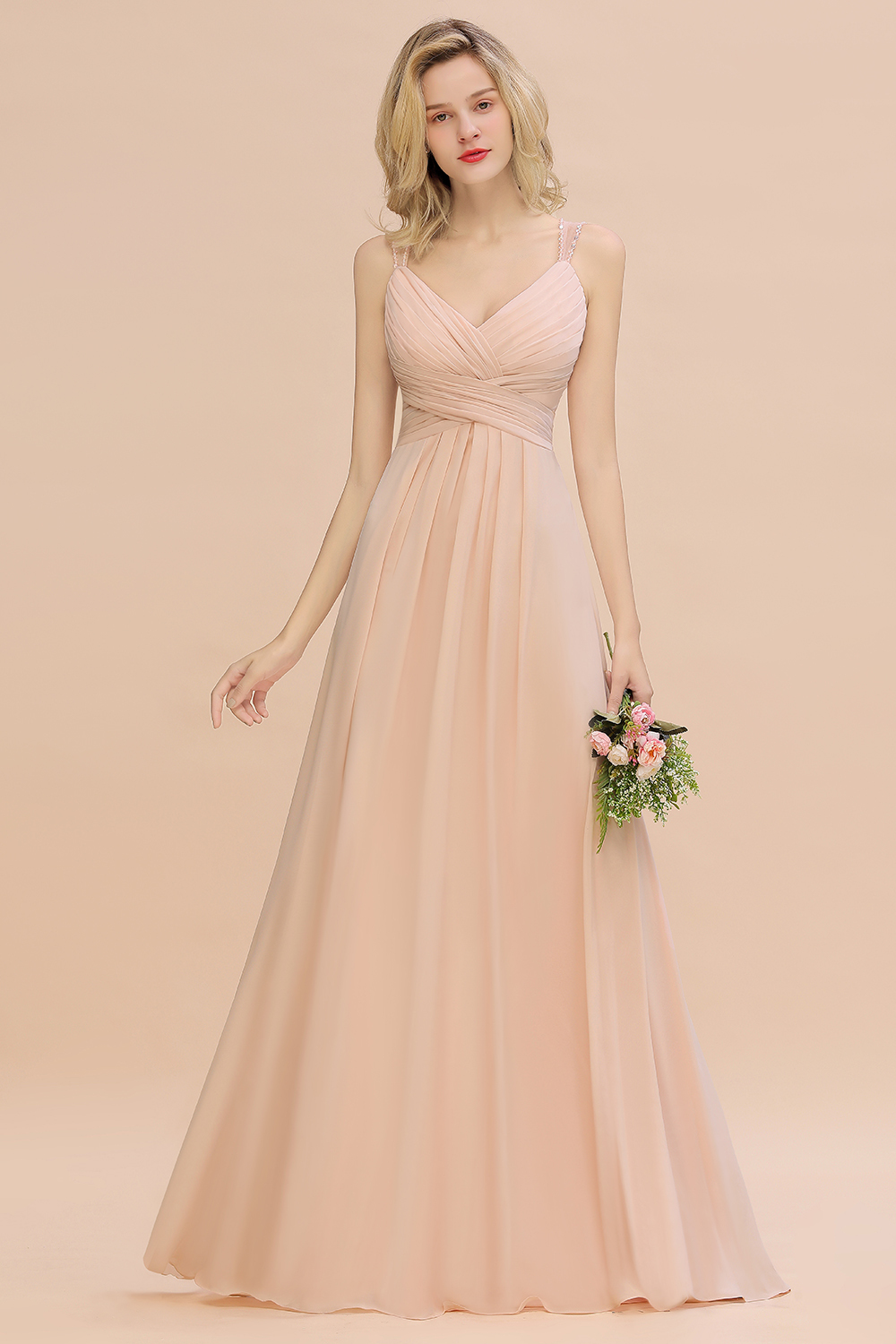 Spaghetti Straps Champagne V-Neck Chiffon Bridesmaid Dress Sleeveless Wedding Guest Dress