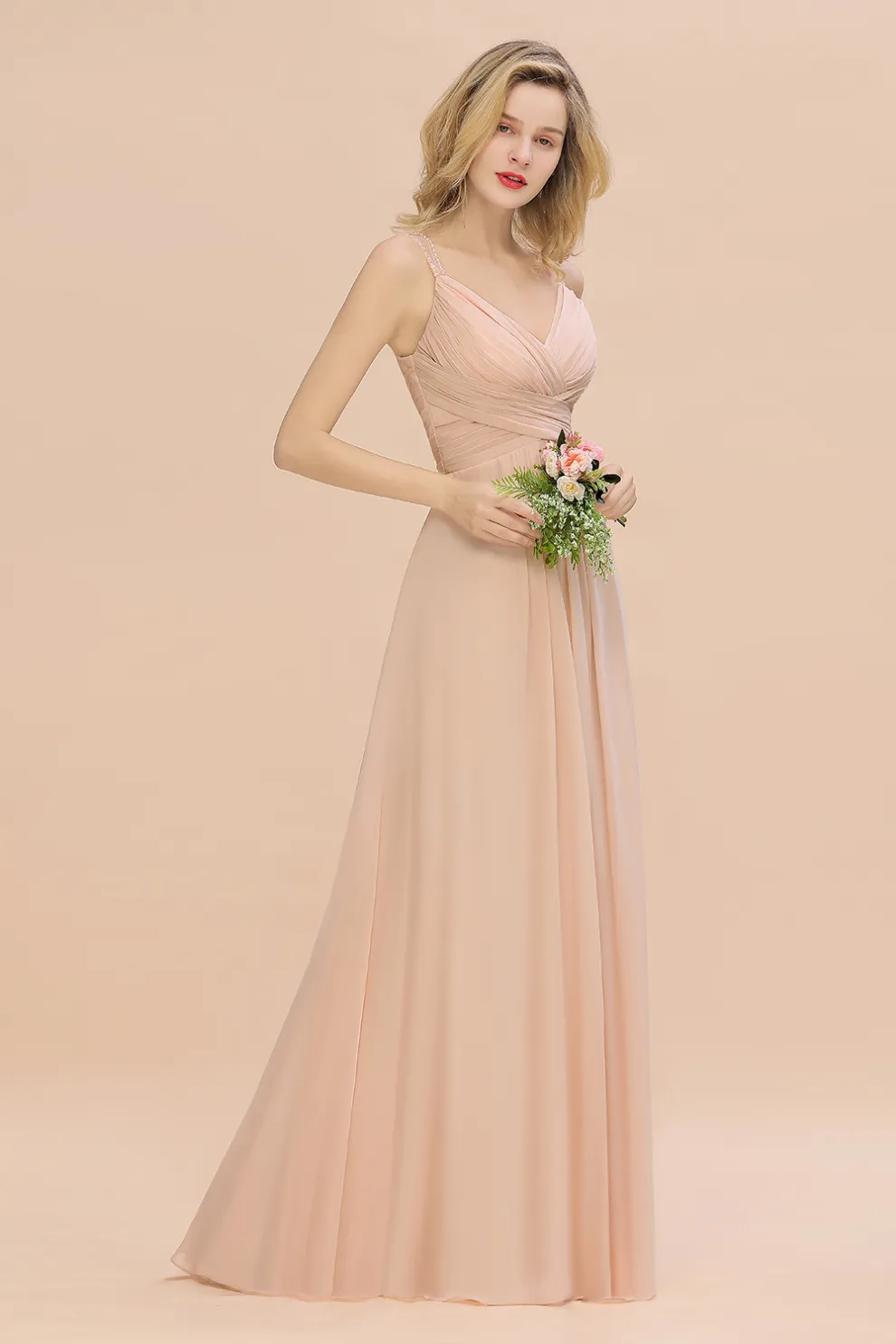 Spaghetti Straps Champagne V-Neck Chiffon Bridesmaid Dress Sleeveless Wedding Guest Dress