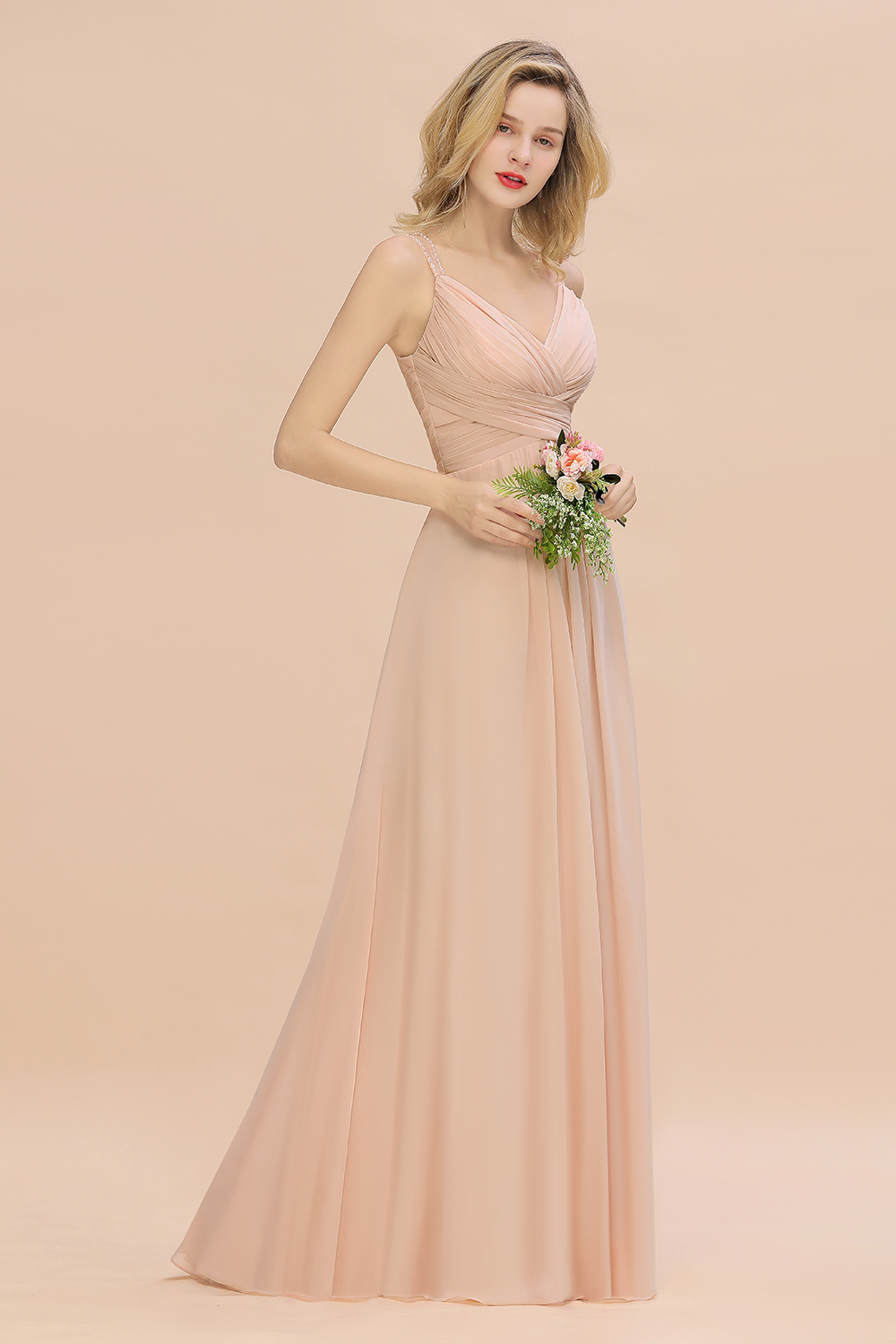Spaghetti Straps Champagne V-Neck Chiffon Bridesmaid Dress Sleeveless Wedding Guest Dress
