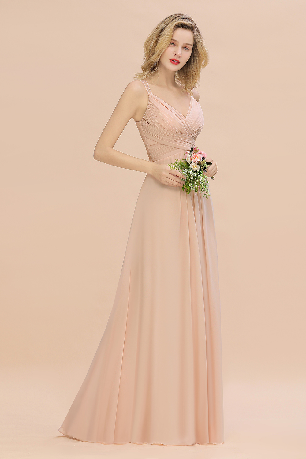 Spaghetti Straps Champagne V-Neck Chiffon Bridesmaid Dress Sleeveless Wedding Guest Dress