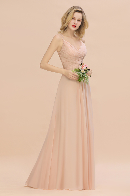 Spaghetti Straps Champagne V-Neck Chiffon Bridesmaid Dress Sleeveless Wedding Guest Dress