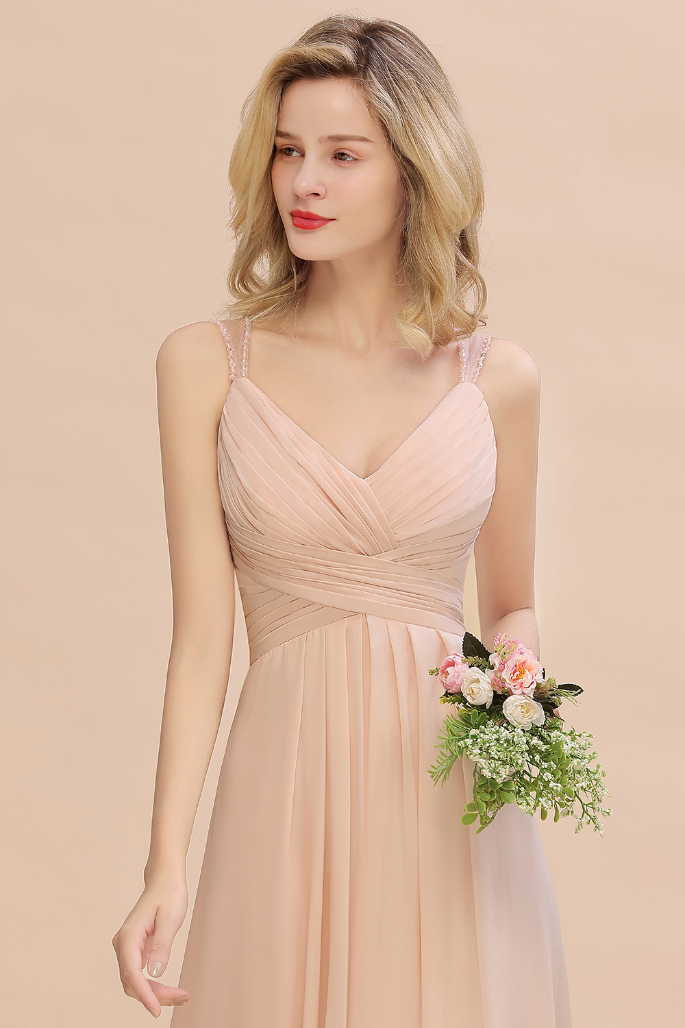 Spaghetti Straps Champagne V-Neck Chiffon Bridesmaid Dress Sleeveless Wedding Guest Dress