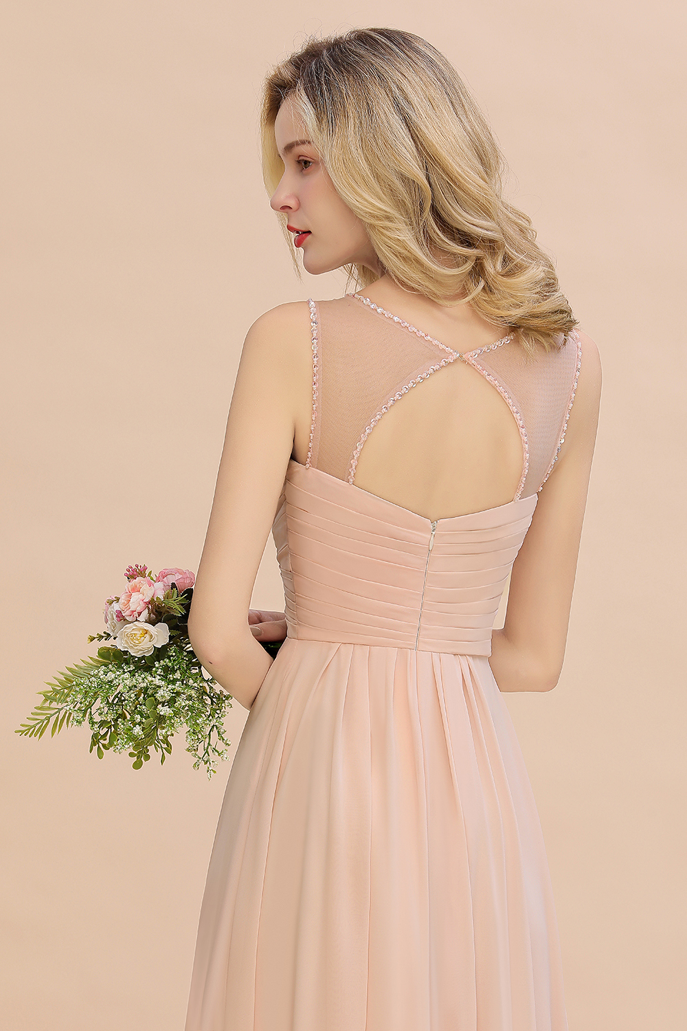 Spaghetti Straps Champagne V-Neck Chiffon Bridesmaid Dress Sleeveless Wedding Guest Dress
