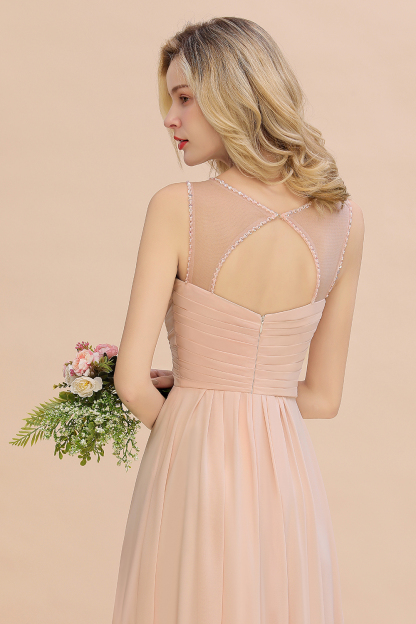 Spaghetti Straps Champagne V-Neck Chiffon Bridesmaid Dress Sleeveless Wedding Guest Dress