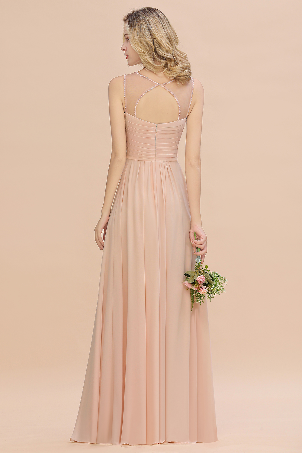 Spaghetti Straps Champagne V-Neck Chiffon Bridesmaid Dress Sleeveless Wedding Guest Dress