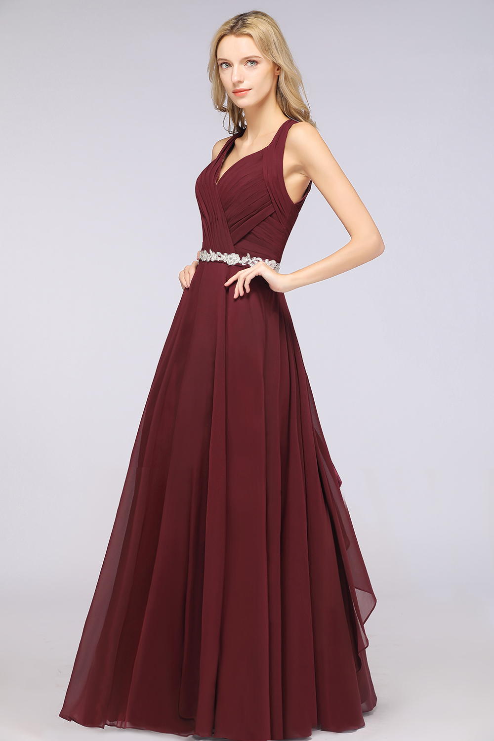 A-Line Chiffon Halter V-Neck Sleeveless Ruffle Long Bridesmaid Dress UK with Appliques Sashes-27Dress.co.uk