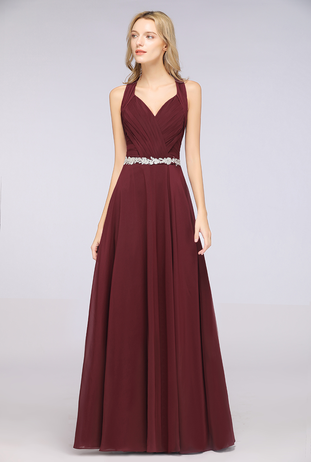 A-Line Chiffon Halter V-Neck Sleeveless Ruffle Long Bridesmaid Dress UK with Appliques Sashes-27Dress.co.uk