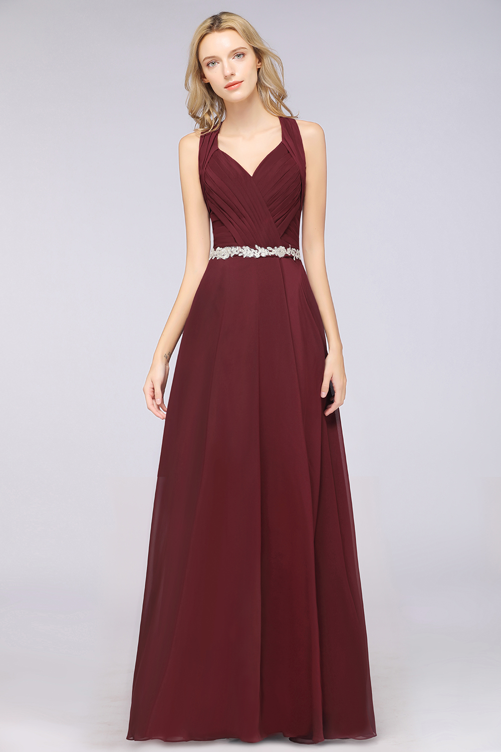 A-Line Chiffon Halter V-Neck Sleeveless Ruffle Long Bridesmaid Dress UK with Appliques Sashes-27Dress.co.uk