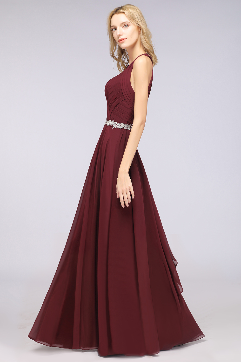 A-Line Chiffon Halter V-Neck Sleeveless Ruffle Long Bridesmaid Dress UK with Appliques Sashes-27Dress.co.uk