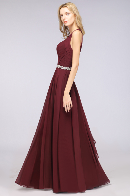 A-Line Chiffon Halter V-Neck Sleeveless Ruffle Long Bridesmaid Dress UK with Appliques Sashes-27Dress.co.uk