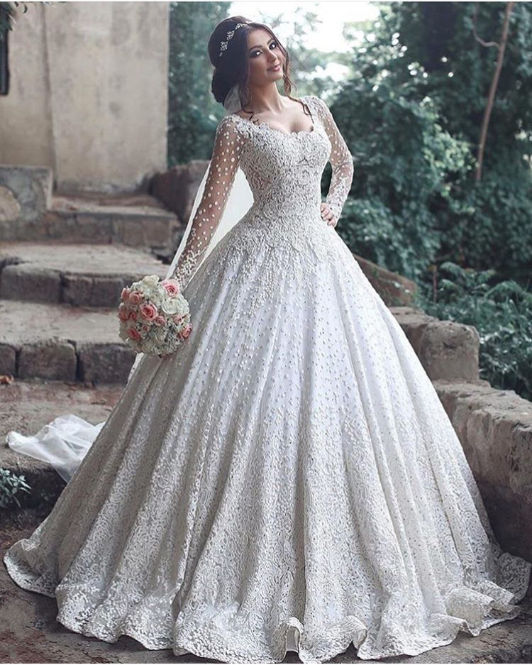 Pretty Long Sleeve Lace Wedding Dress Ball Gown Floor Length BA3046