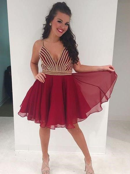 A-Line Chiffon Beading Spaghetti-Straps Mini Homecoming Dress