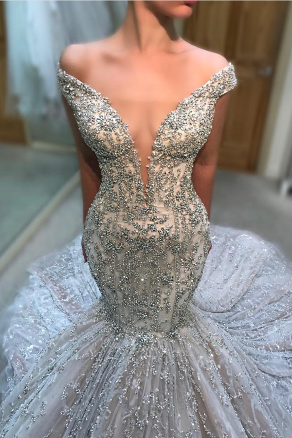 Fashion Off-the-Shoulder Tulle Beads Sexy Mermaid Court Train Wedding Dress