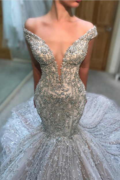 Fashion Off-the-Shoulder Tulle Beads Sexy Mermaid Court Train Wedding Dress