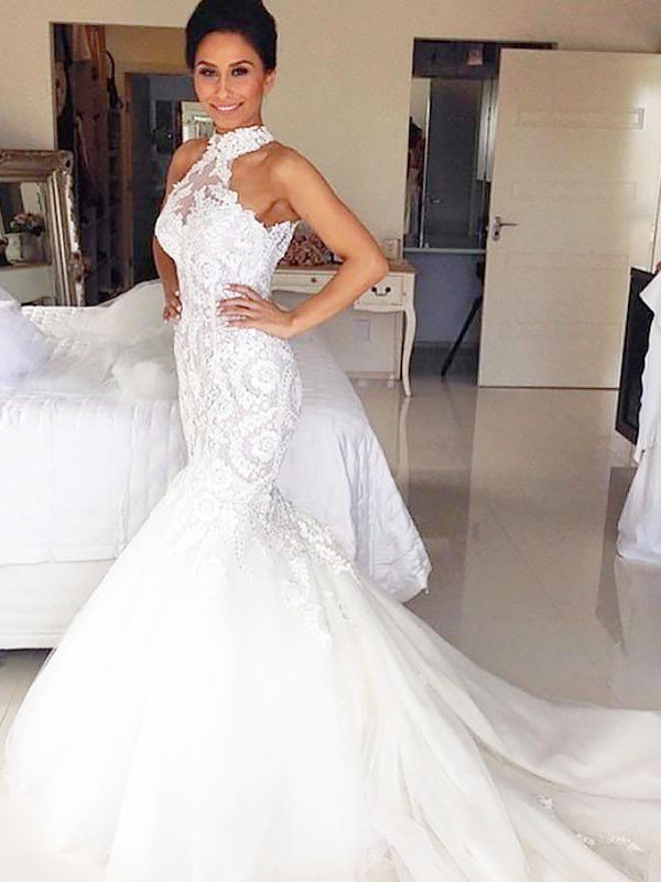 Court Train Sleeveless Sexy Mermaid Tulle Halter Wedding Dresses UK