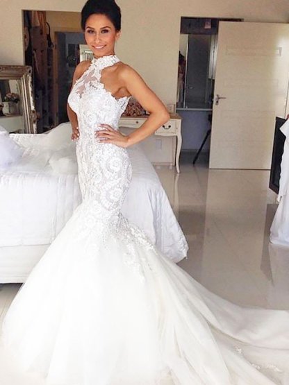 Court Train Sleeveless Sexy Mermaid Tulle Halter Wedding Dresses UK