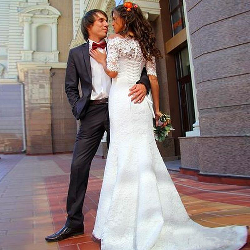 Modern Off-the-shoulder Half-sleeve Sexy Mermaid Wedding Dress With Lace