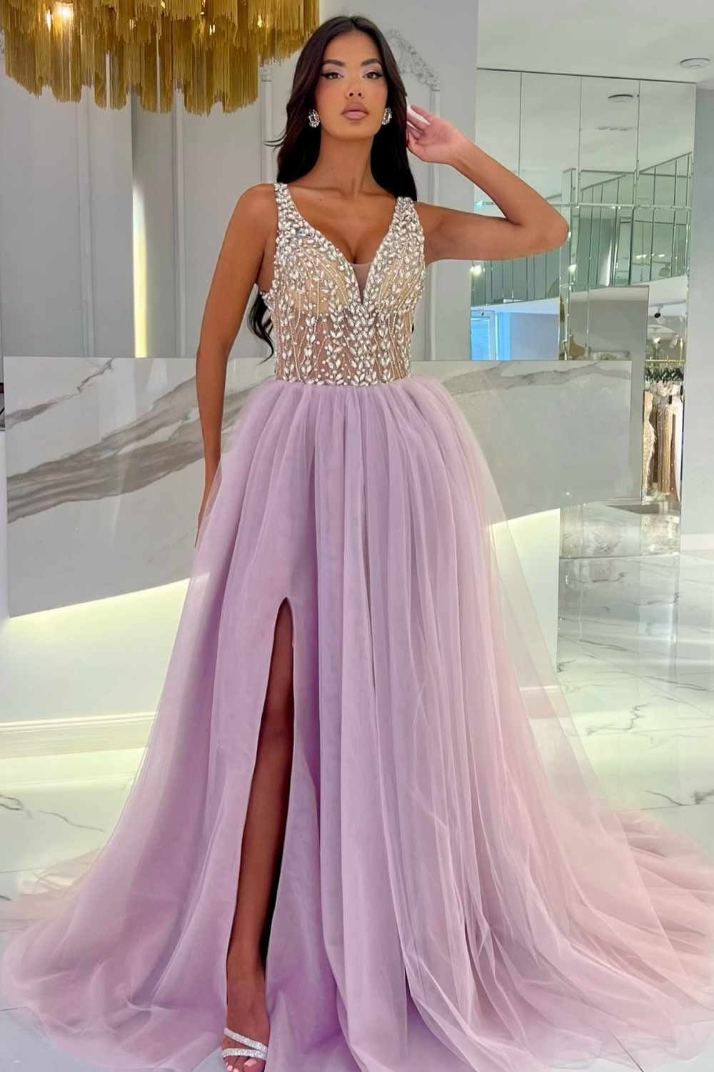 Beautiful V-neck Tulle Crystal A-Line Prom Dresses Split Front