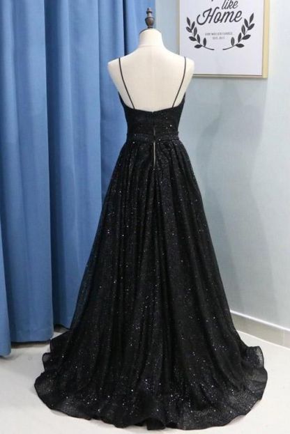 Spaghetti Strap Sequins Prom Dress UKes UK Sleeveless Side Slit Elegant Evening Dress UKes UK