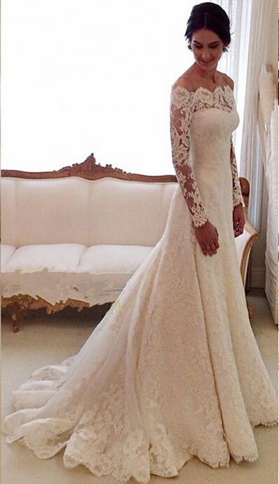 Elegant Long Sleeve Lace Wedding Dress With Long Train And Lace Appliques