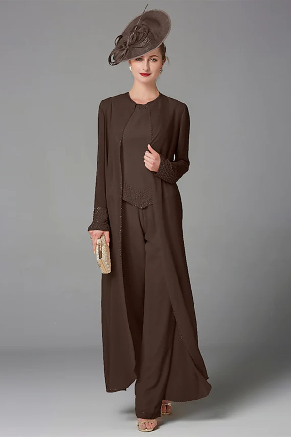 Plus Size Jumpsuit 3 Piece Mother of the Bride Dress Elegant Wrap Included Bateau Neck Floor Length Chiffon Sleeveless with Beading Appliques