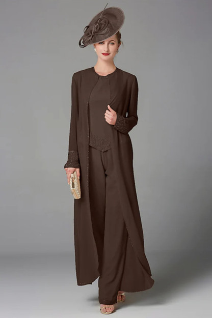 Plus Size Jumpsuit 3 Piece Mother of the Bride Dress Elegant Wrap Included Bateau Neck Floor Length Chiffon Sleeveless with Beading Appliques