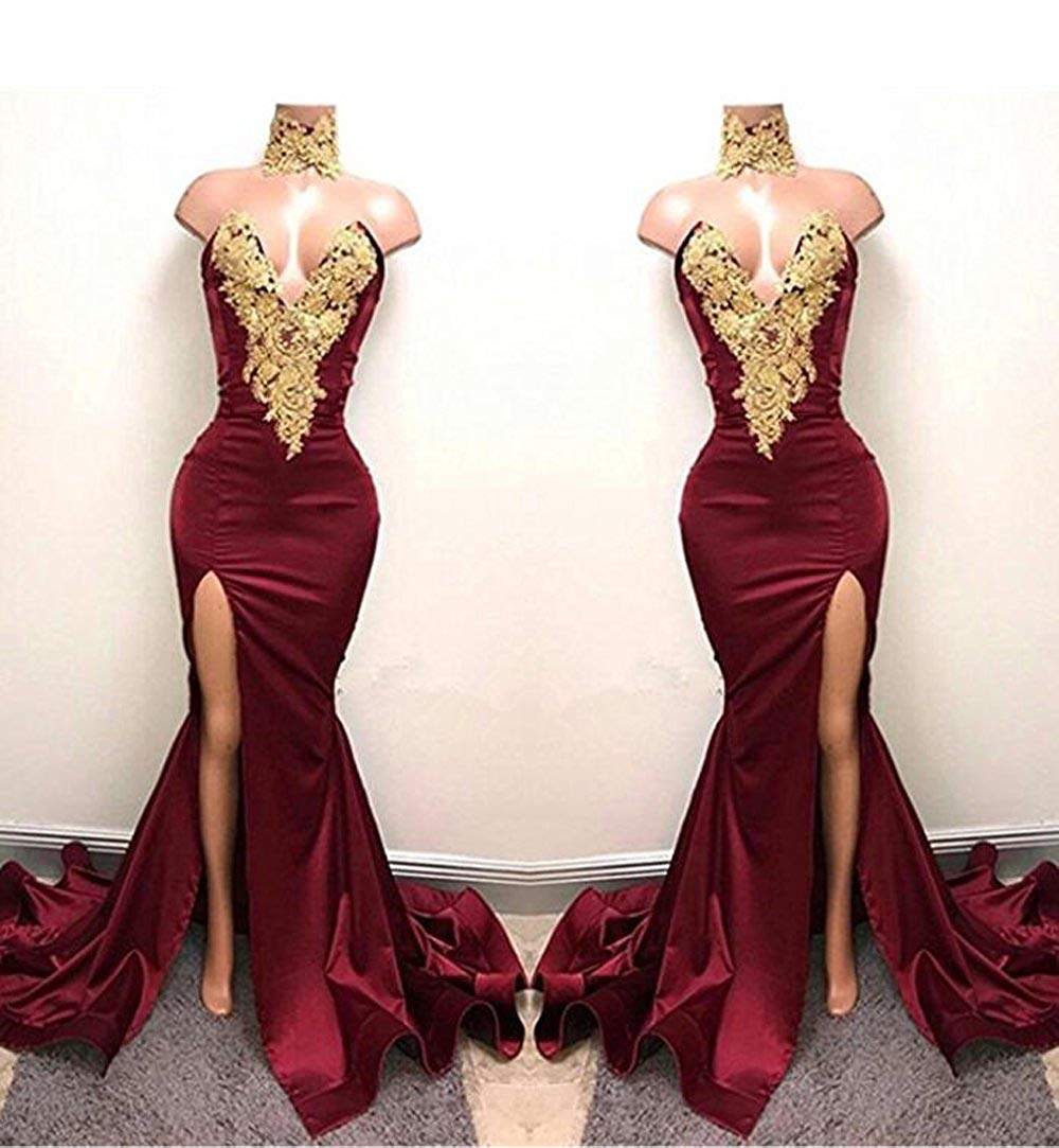 Burgundy Lace-Appliques Elegant Mermaid High-Neck Front-Split Prom Dress UK SP0326