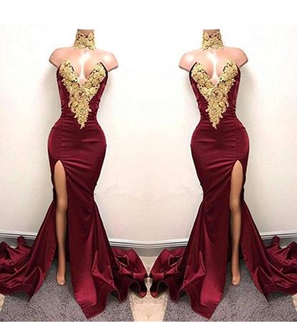 Burgundy Lace-Appliques Elegant Mermaid High-Neck Front-Split Prom Dress UK SP0326