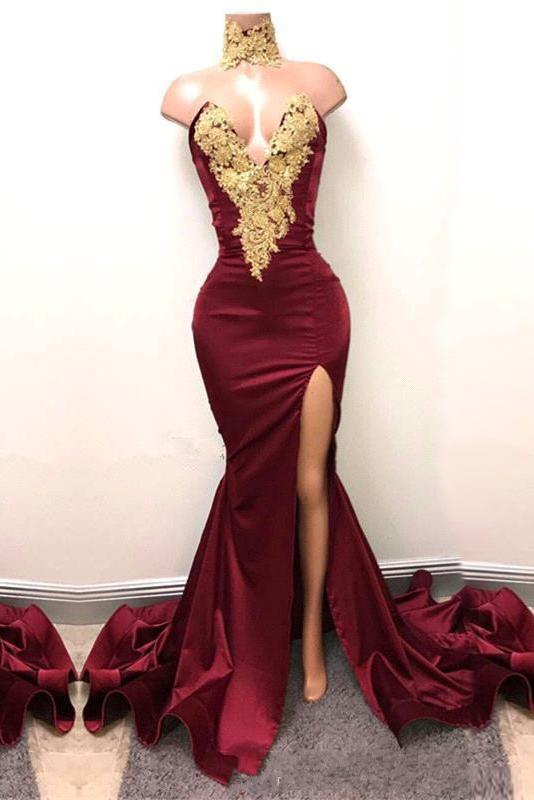 Burgundy Lace-Appliques Elegant Mermaid High-Neck Front-Split Prom Dress UK SP0326