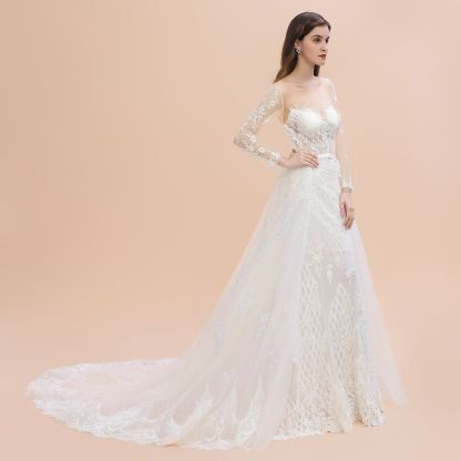 Luxury Beaded Lace Mermaid Wedding Dresses Tulle Appliques with Detachable Train
