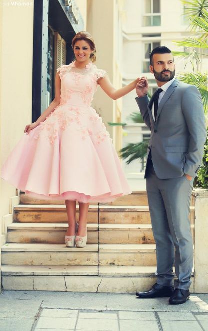 Lovely High Neck Cap Sleeve Prom Dress UK Pink With Flowers