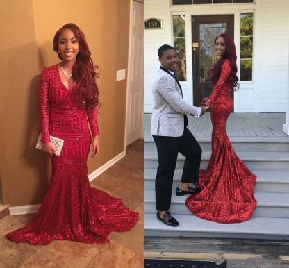 Elegant Red V-Neck Sequins Prom Dress UKes UK Long Sleeve Mermaid-27Dress.co.uk