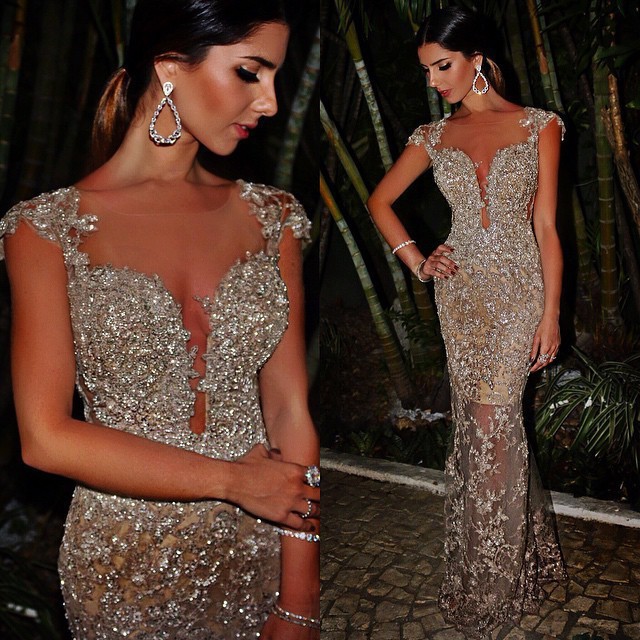 Luxury Cap Sleeve Mermaid Evening Dress UK Lace Sequins Appliques