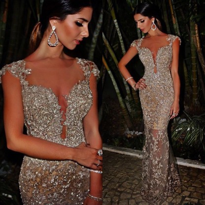 Luxury Cap Sleeve Mermaid Evening Dress UK Lace Sequins Appliques