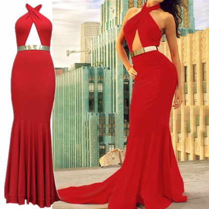 Elegant Red Halter Mermaid Prom Dress UKes UK Sweep Train Evening Dress UKes UK