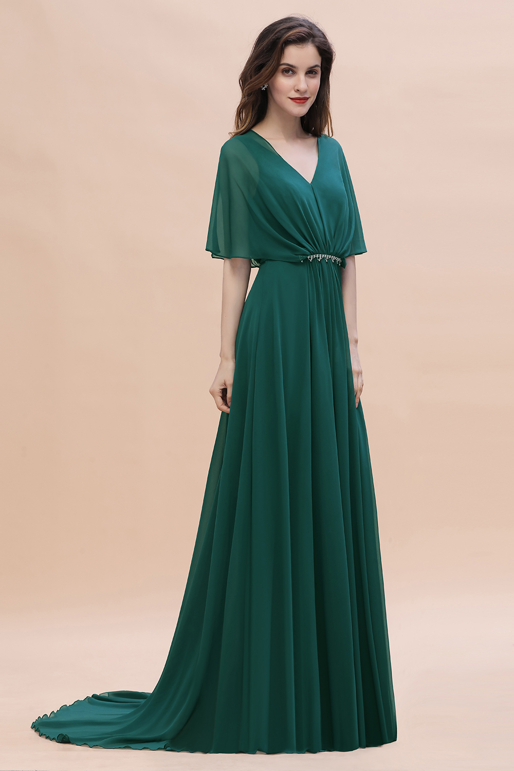 Elegant Puffy Sleeves Dark Green Long Bridesmaid Dress V-neck Chiffon Wedding Guest Dress