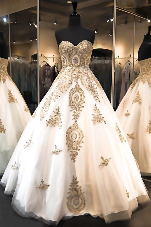 Luxurious Sweetheart Golden Appliques Wedding Dress Beadss Ball Gown Prom Dress