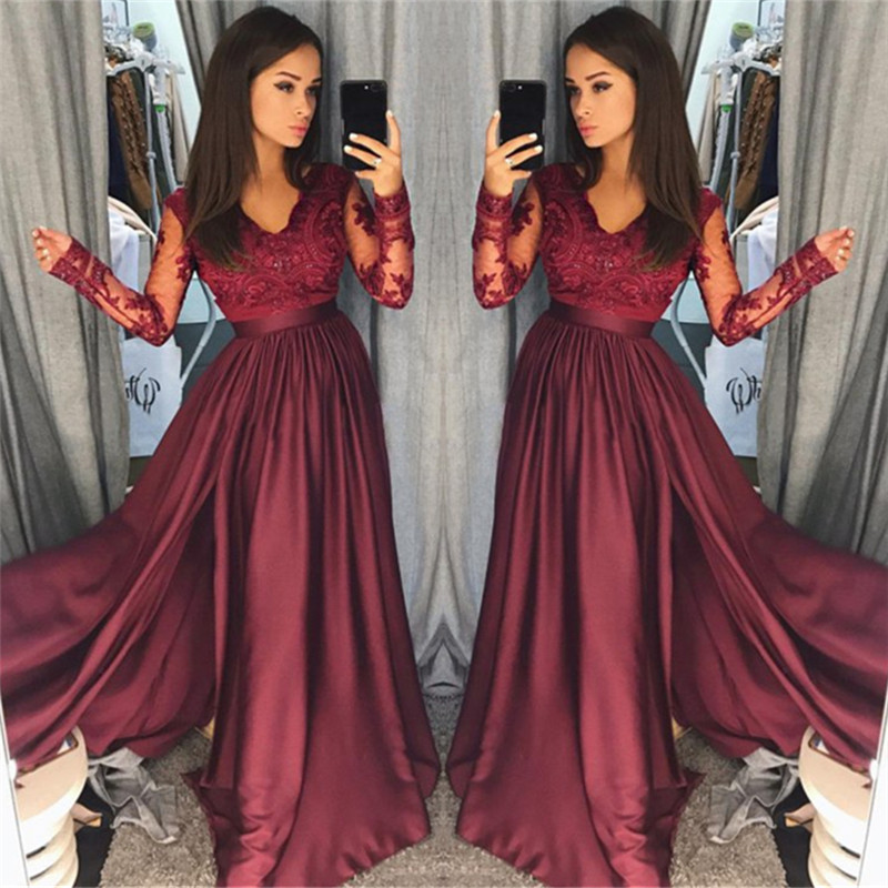 Maroon Burgundy Long Sleeve Prom Dress UK Lace With Split