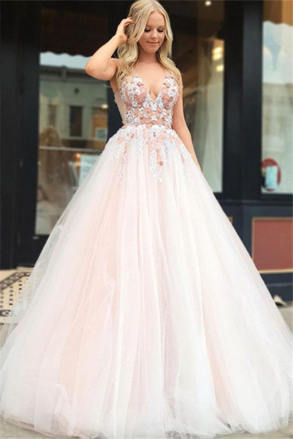 Gorgeous A-Line Straps V-Neck Sleeveless Beading Appliques Long Prom Dress UKes UK UK