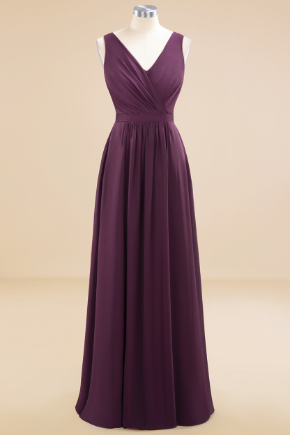 Chic V-Neck Grape Long Chiffon Bridesmaid Dress