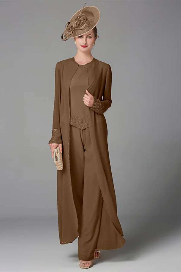 Plus Size Jumpsuit 3 Piece Mother of the Bride Dress Elegant Wrap Included Bateau Neck Floor Length Chiffon Sleeveless with Beading Appliques