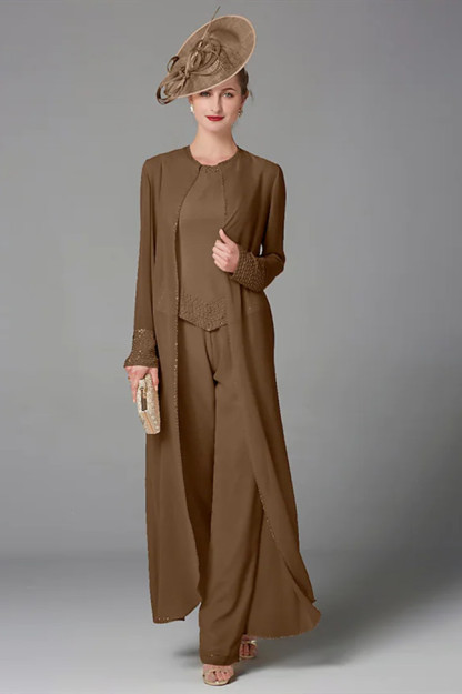 Plus Size Jumpsuit 3 Piece Mother of the Bride Dress Elegant Wrap Included Bateau Neck Floor Length Chiffon Sleeveless with Beading Appliques