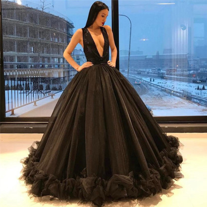 Ruffles Sequins Black Sparkling Puffy Deep-V-Neck Elegant Tulle Sleeveless Evening Dress UK