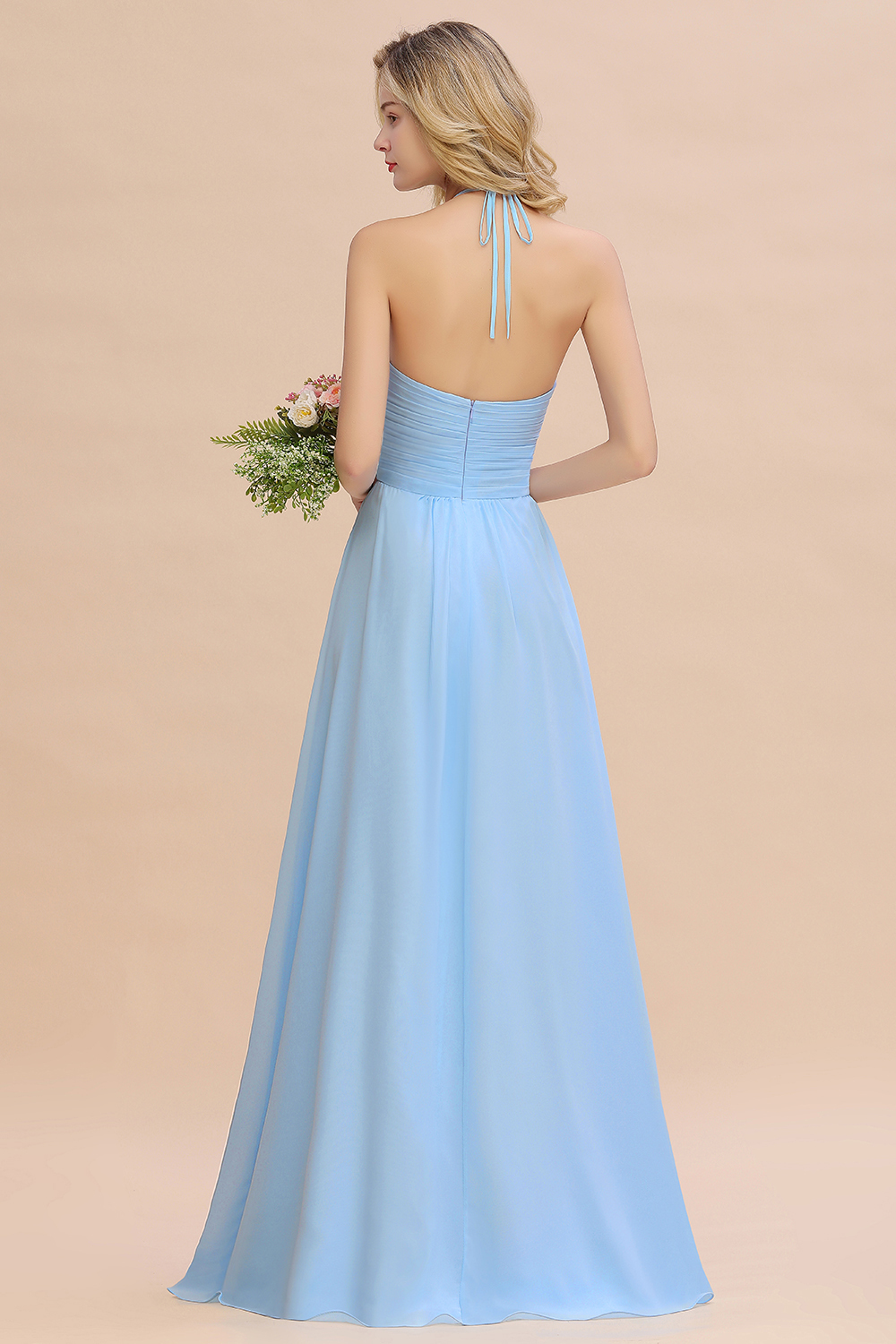 Halter Sky Blue Ruched Chiffon Long Bridesmaid Dresses