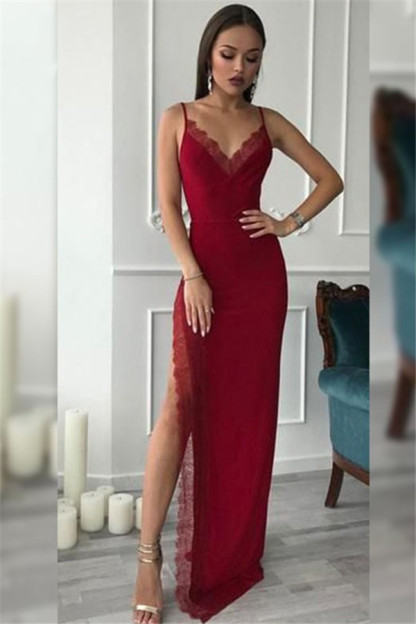 Spaghetti Strap Lace Prom Dress UKes UK Side Slit Sleeveless Elegant Evening Dress UKes UK