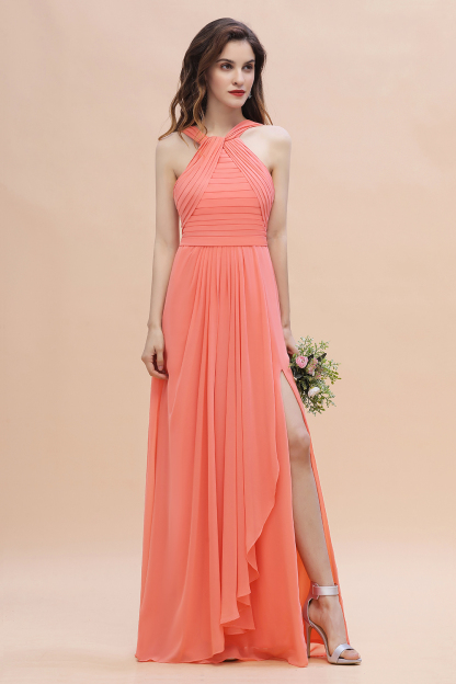 Halter Coral Long Bridesmaid Dress Ruched Chiffon Side Slit Wedding Guest Dress