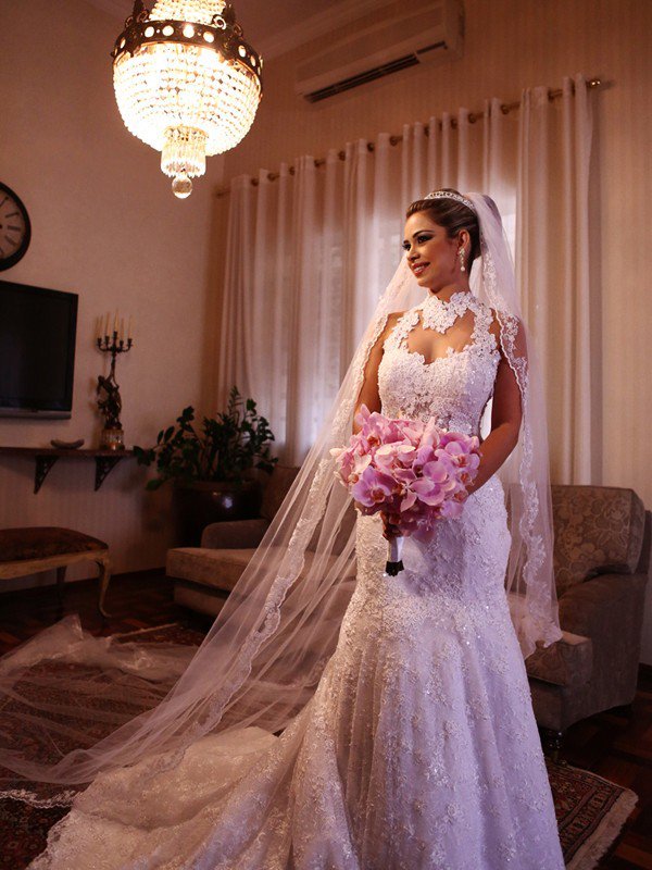High Neck Lace Sleeveless Court Train Sexy Mermaid Wedding Dresses UK